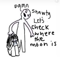 a drawing of a man and a woman with the words, let's check where the moon is